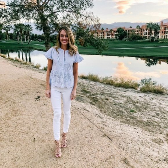 Joie Cerelia Striped Broderie Anglaise Trimmed Cotton Top Peplum Blue - Picture 3 of 9